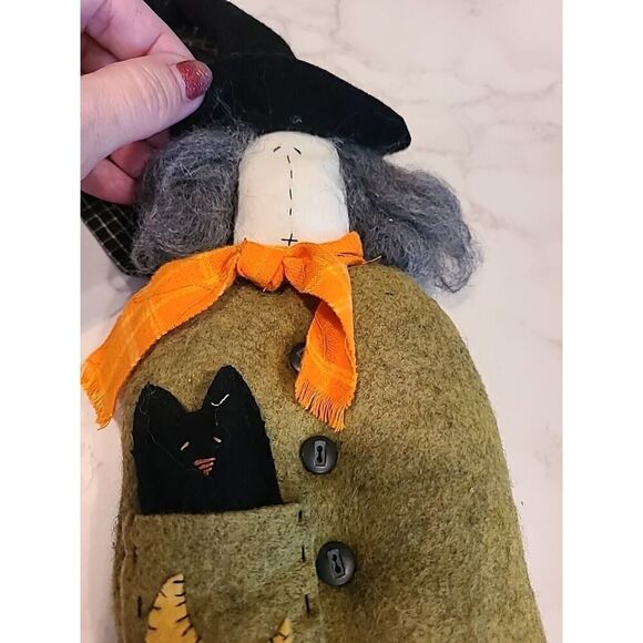 Folk Art Hanging Spooky Witch w Cat Felt Fabric Halloween Décor Primitive EUC - Picture 10 of 10